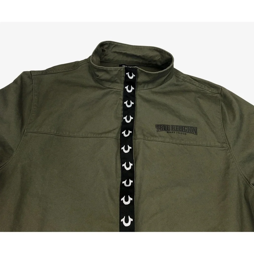 True Religion Mens Military Green HS Twill Jacket Buddha Graphic Full Zip‎ Large